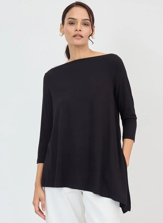 Femmella Black Asymmetric Hem Top with 3/4 Sleeve